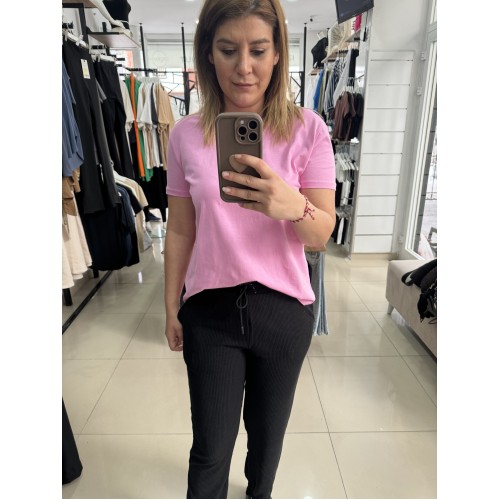 Bisiklet Yaka Arkası Uzun Tshirt Pembe